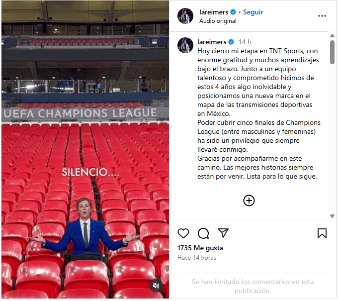  Después de haber publicado el video, bastaron unas cuantas horas para que la comentarista mexicana desactivara los comentarios. IG / @lareimers