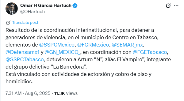 Omar García Harfuch anuncia la captura de Arturo 