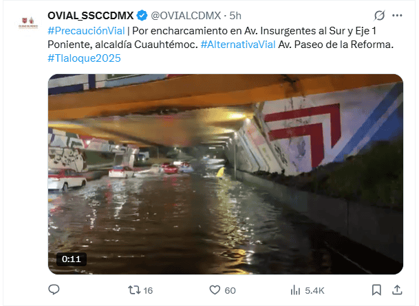  Uno de los puntos mayormente afectados fue el bajopuente de Insurgentes Sur y Prolongación Guerrero. X / @OVIALCDMX