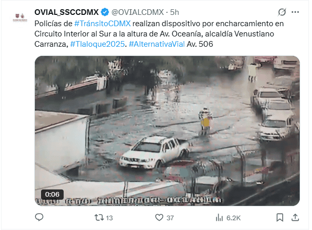  Publicación de OVIAL realizada hace 5 horas. Continúan las afectaciones. X / @OVIALCDMX