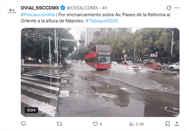   Publicación de OVIAL realizada hace 4 horas. Continúan las afectaciones. X / @OVIALCDMX