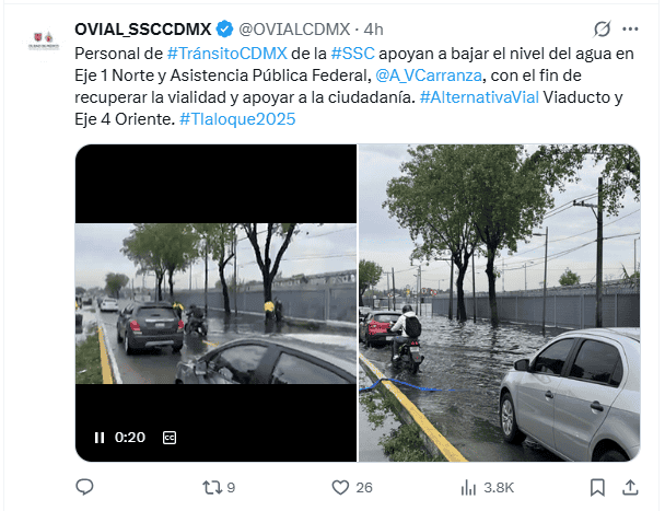   Publicación de OVIAL realizada hace 4 horas. Continúan las afectaciones. X / @OVIALCDMX