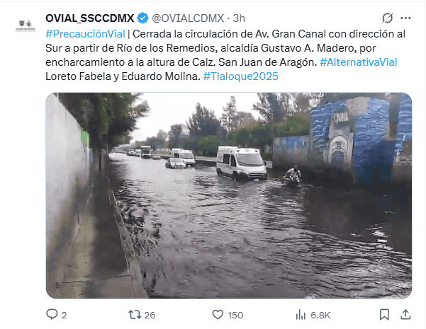    Publicación de OVIAL realizada hace 3 horas. Continúan las afectaciones. X / @OVIALCDMX