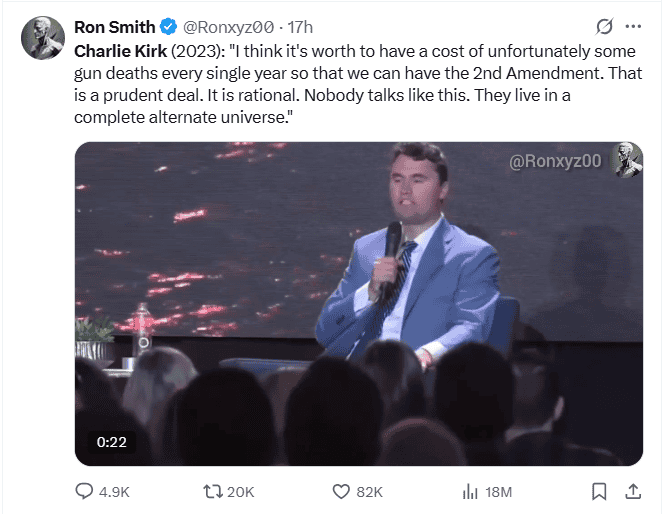  Charlie Kirk aseguraba que las vidas que se perdían por ataques de arma de fuego hacían valiosa la existencia de la segunda enmienda. X / @Ronxyz00