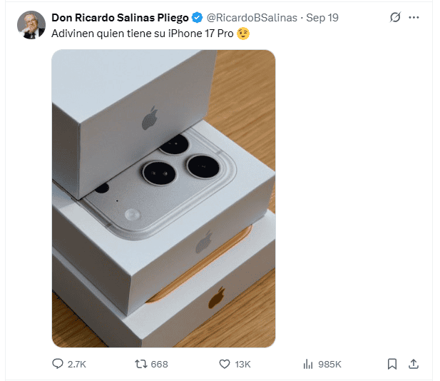  Ricardo Salinas Pliego presumió la adquisición del iPhone 17 a través de sus redes sociales. X / @RicardoBSalinas