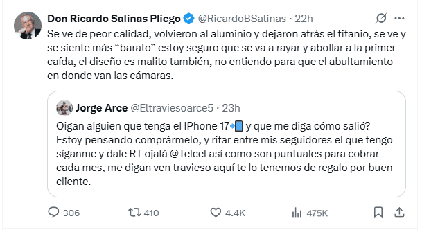  Ricardo Salinas Pliego presumió la adquisición del iPhone 17 a través de sus redes sociales. X / @RicardoBSalinas