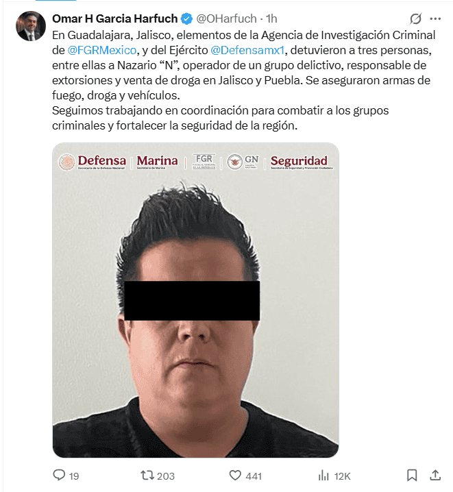  Comunicado de Omar García Harfuch. X / @OHarfuch