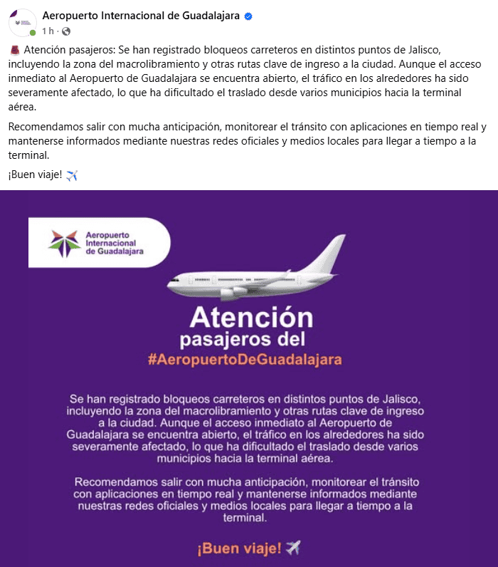  Comunicado emitido por el recinto aeroportuario en Jalisco. FB / Aeropuerto Internacional de Guadalajara