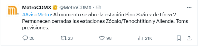  Metro de la Ciudad de México reporta algunas de sus estaciones cerradas. X / @MetroCDMX