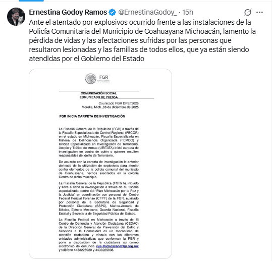 &nbsp;Publicación de la nueva titular de la FGR. X / @ErnestinaGodoy_