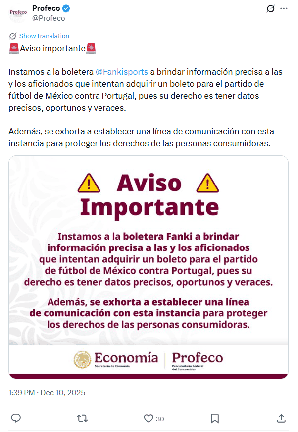  Profeco se pronuncia ante la falla de Fanki. X / @Profeco