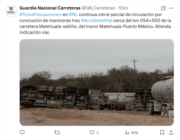 &nbsp;&nbsp;&nbsp;Publicación de la Guardia Nacional. X / @GN_Carreteras