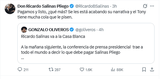 Publicación de Salinas Pliego en redes ante la decisión de la Suprema Corte en favor del SAT. X / @RicardoBSalinas&nbsp;