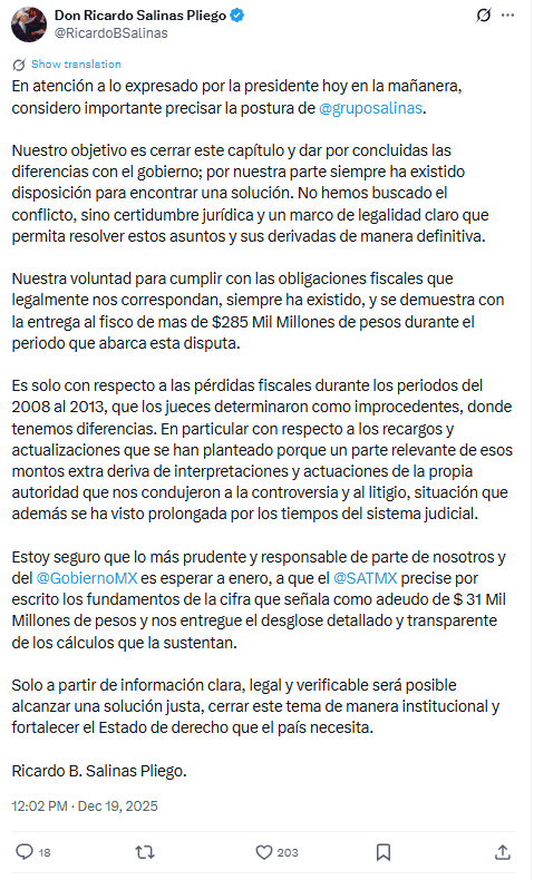 &nbsp;Comunicado completo del dueño de Grupo Salinas. X / @RicardoBSalinas