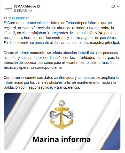 &nbsp;Comunicado de Marina en redes sociales. X / @SEMAR_mx