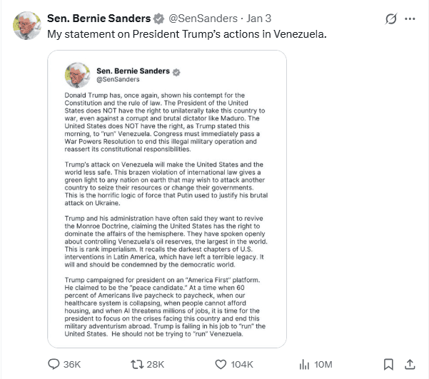 Sanders se sumó así a las voces críticas dentro de Estados Unidos que han condenado la intervención militar en territorio venezolano. X / @SenSanders&nbsp;
