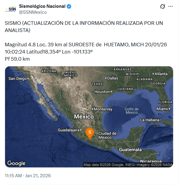 &nbsp;Anuncio de la magnitud oficial del siniestro. X / @SSNMexico 