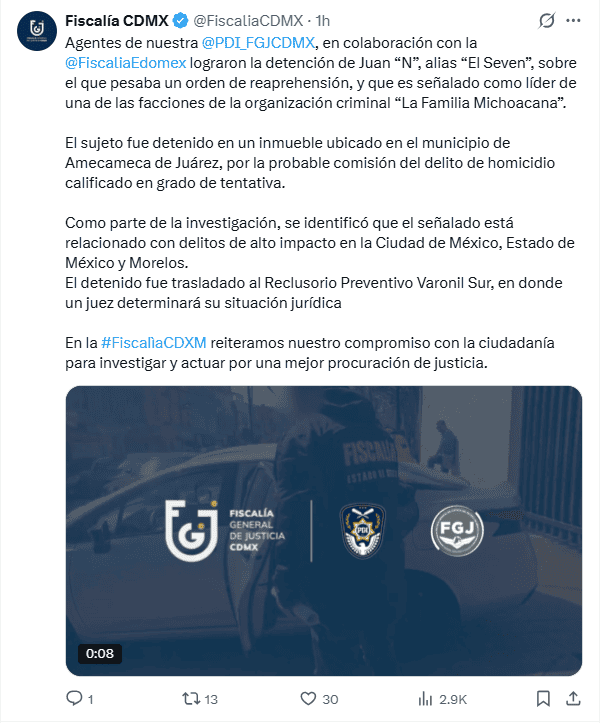 &nbsp;Fiscalía de la CDMX da a conocer la aprehensión. X / @FiscaliaCDMX