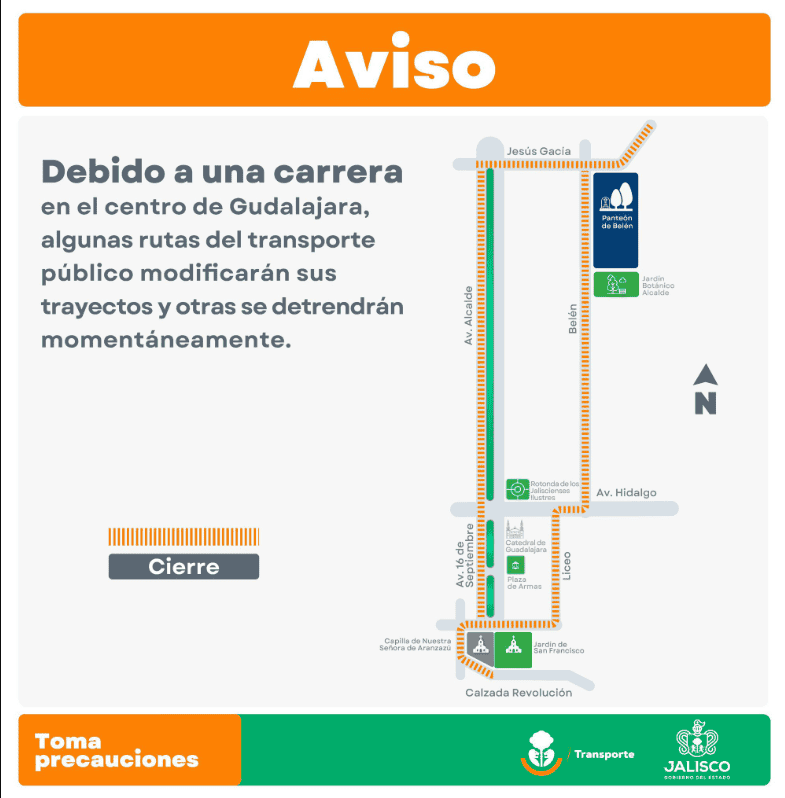 &nbsp;Mapa de vialidades cerradas por carrera. X / @TransporteJal