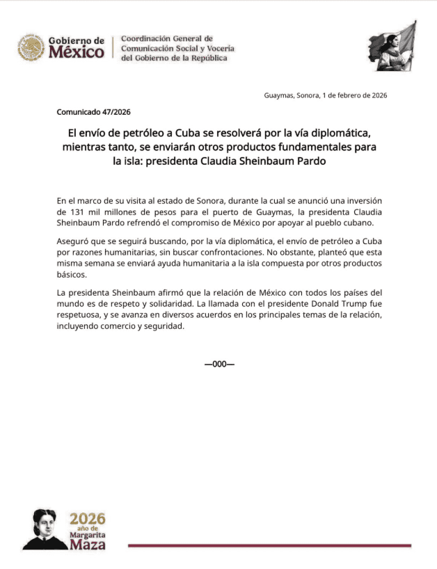 Comunicado del Gobierno de México sobre el envío de productos básicos a Cuba; se posterga el de petróleo. X / @GobiernoMX&nbsp;
