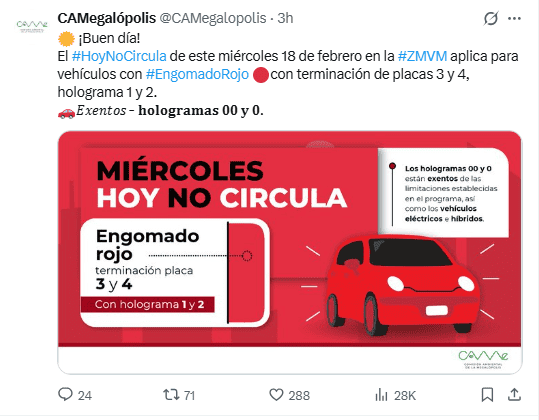 &nbsp;Anuncio del Hoy NO Circula para este 18 de febrero. X / @CAMegalopolis