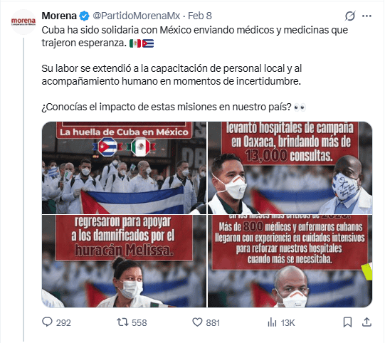 &nbsp;Publicación en la queMorena resalta la buena relación que siempre han mantenido Cuba y México. @PartidoMorenaMx 