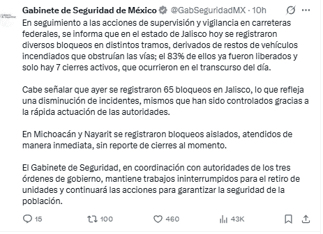 &nbsp;El Gabinete declaró el avance desde redes sociales. X / @GabSeguridadMX