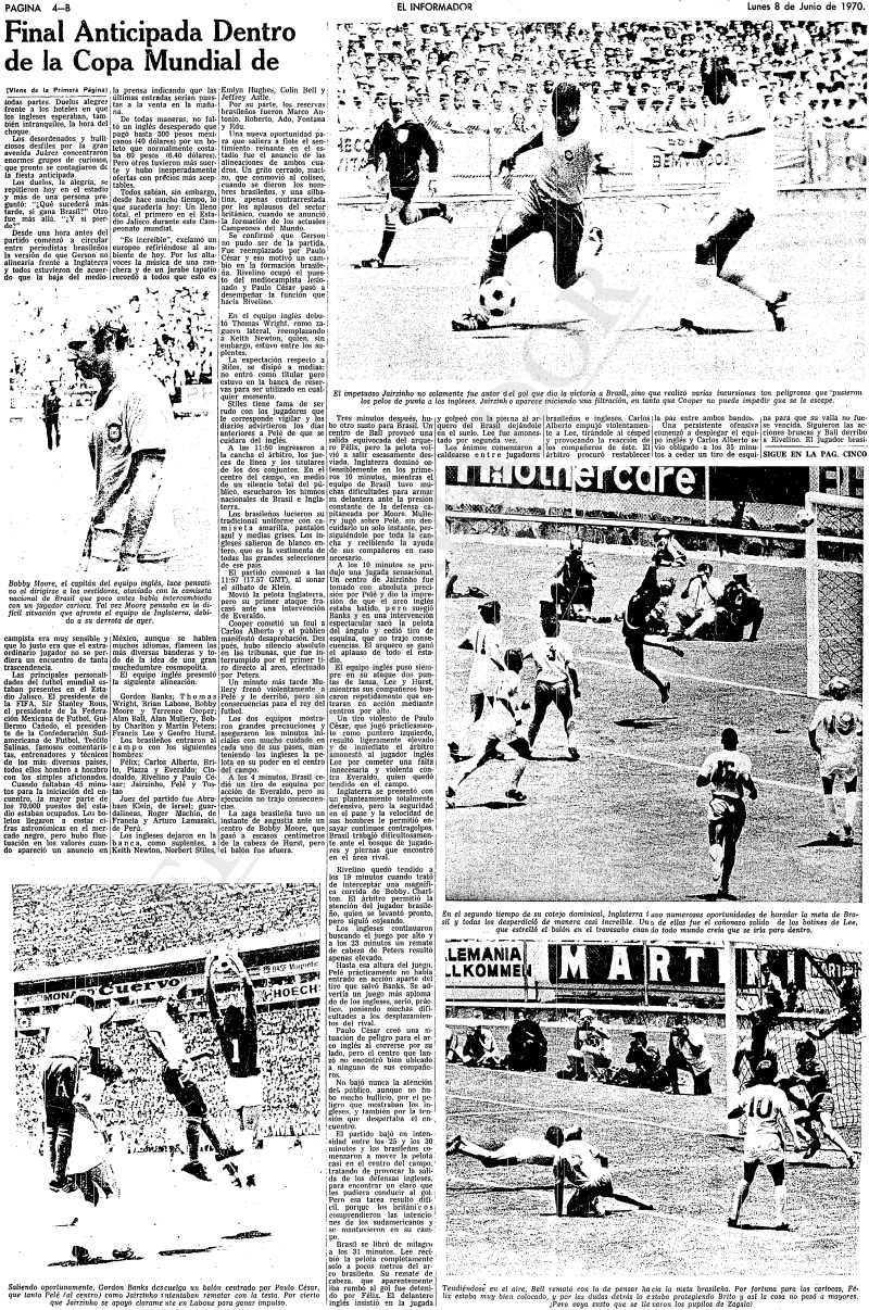 Página de EL INFORMADOR donde aparece la crónica del partido Brasil vs Inglaterra, donde los sudamericanos se impusieron por 1-0 el 7 de junio de 1970, en el Estadio Jalisco. EL INFORMADOR / ARCHIVO