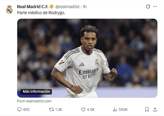 Anuncio del Real Madrid desde redes sociales, donde se comparte la situación médica del brasileño. X / @realmadrid&nbsp;