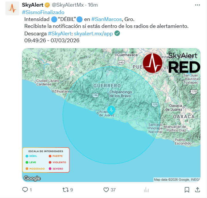 &nbsp;Notificación del sismo en progreso. &nbsp;X / @SkyAlertMx