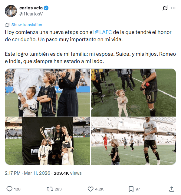 &nbsp;Carlos Vela se une al equipo de propietarios de LAFC. X / @11carlosV