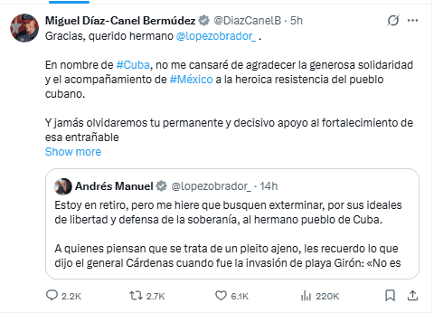 &nbsp;Publicación del presidente de Cuba, Miguel Díaz-Canel Bermúdez, desde redes sociales. X / @DiazCanelB