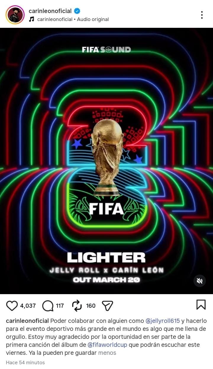 Carín León se destapa como uno de los talentos detrás del sencillo de la Copa Mundial de la FIFA 2026. IG / @carinleonoficial&nbsp;
