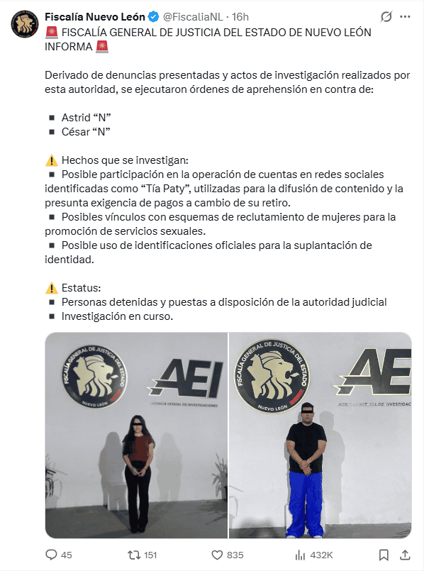 &nbsp;La Fiscalía de Nuevo León dio a conocer la detención de integrantes de 