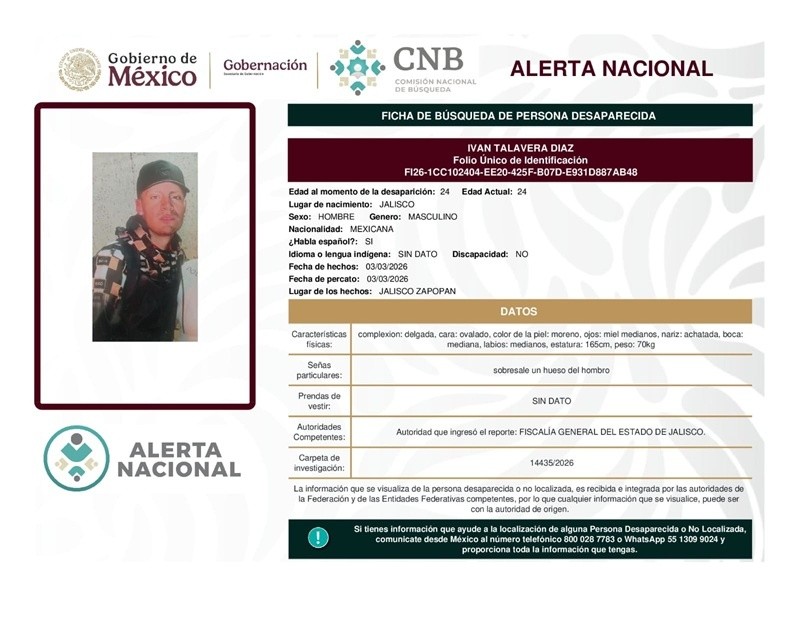 &nbsp; Iván Talavera Díaz desapareció en el municipio de Zapopan el pasado 3 de marzo