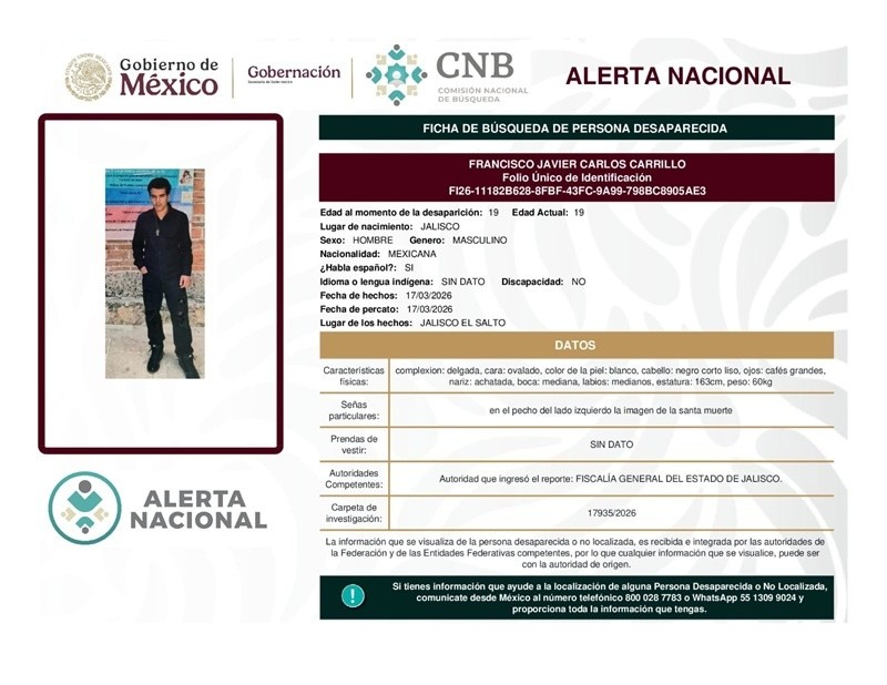 &nbsp;Francisco Javier Carlos Carrillo desapareció el 17 de marzo en el municipio de El Salto