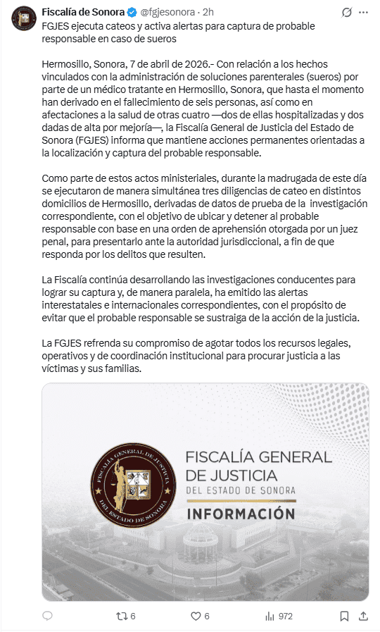 &nbsp;Fiscalía de Sonora hace el anuncio a través de sus redes sociales. X / @fgjesonora