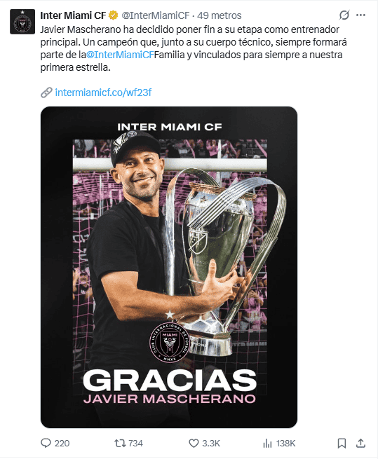 &nbsp;Anuncio de la salida de Mascherano desde las redes del Inter Miami. X / @InterMiamiCF