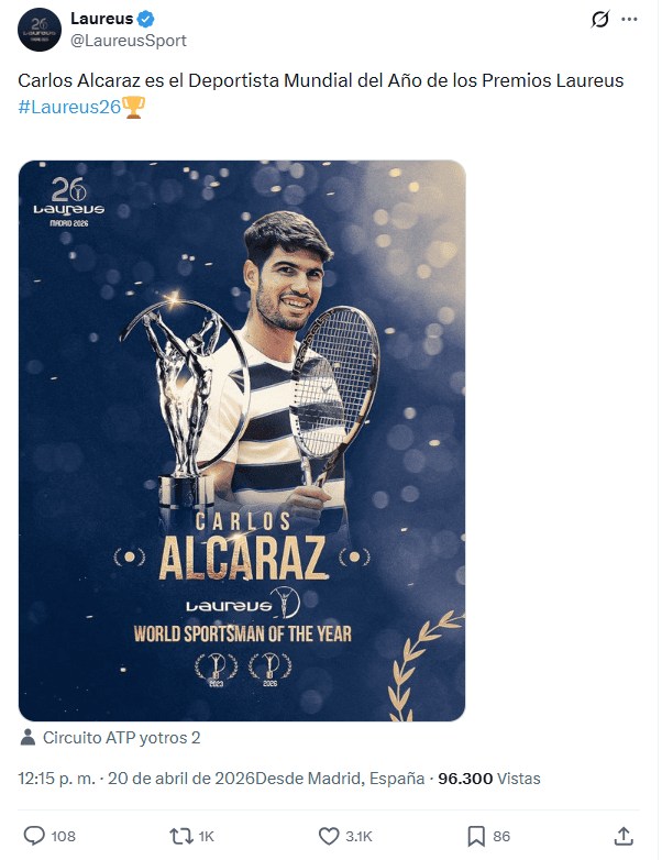 &nbsp;Carlos Alcaraz, el deportista del año por el Laureus. X / @LaureusSport