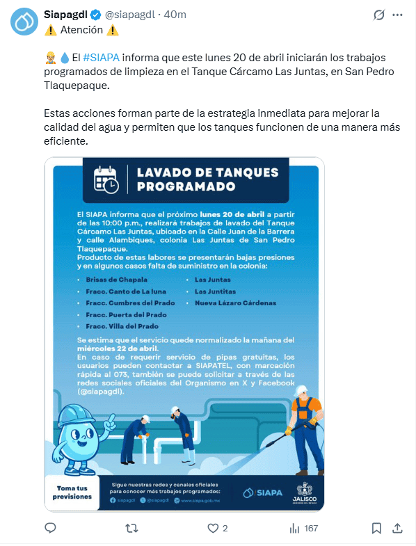 &nbsp;Anuncio del Siapa desde redes sociales. X / @siapagdl