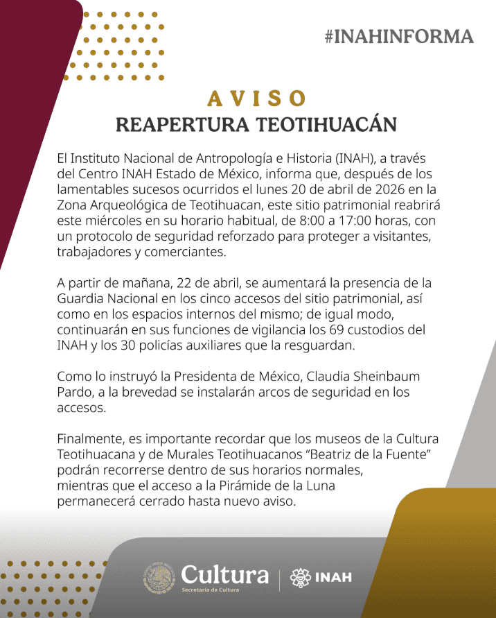 El INAH reporta la reapertura de Teotihuacán tras el atentado del pasado 20 de abril en la Pirámide de la Luna. X / @INAHmx&nbsp;