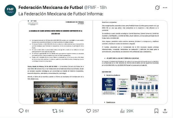&nbsp;Comunicado tras la asamblea de deuños de la Liga MX. X / @FMF