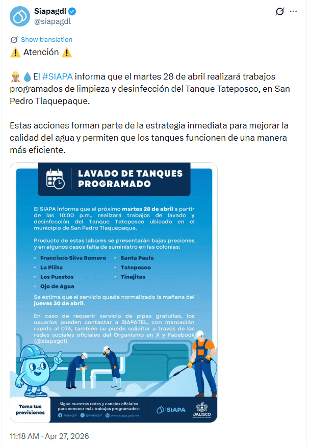 &nbsp;Anuncio del Siapa desde redes sociales. X / @siapagdl