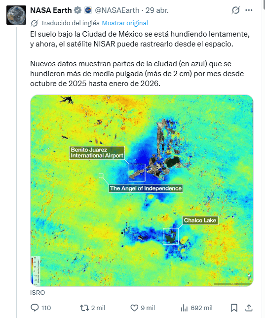 &nbsp; Las áreas marcadas en azul oscuro representan zonas donde el suelo se hunde a un ritmo superior a los 2 centímetros por mes.