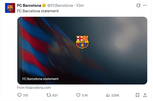&nbsp;Comunicado de Barcelona ante los dichos de Florentino Pérez en rueda de prensa. X / @FCBarcelona