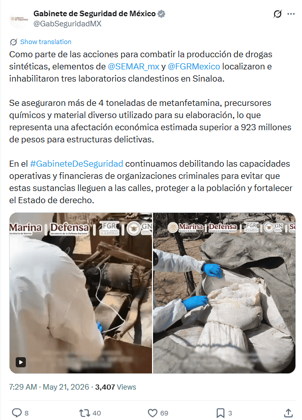Desmantelan laboratorios clandestinos en Sinaloa. X / @GabSeguridadMX&nbsp;