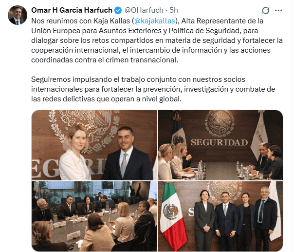 &nbsp;García Harfuch se reúne con representante de Seguridad de la UE. X / @OHarfuch