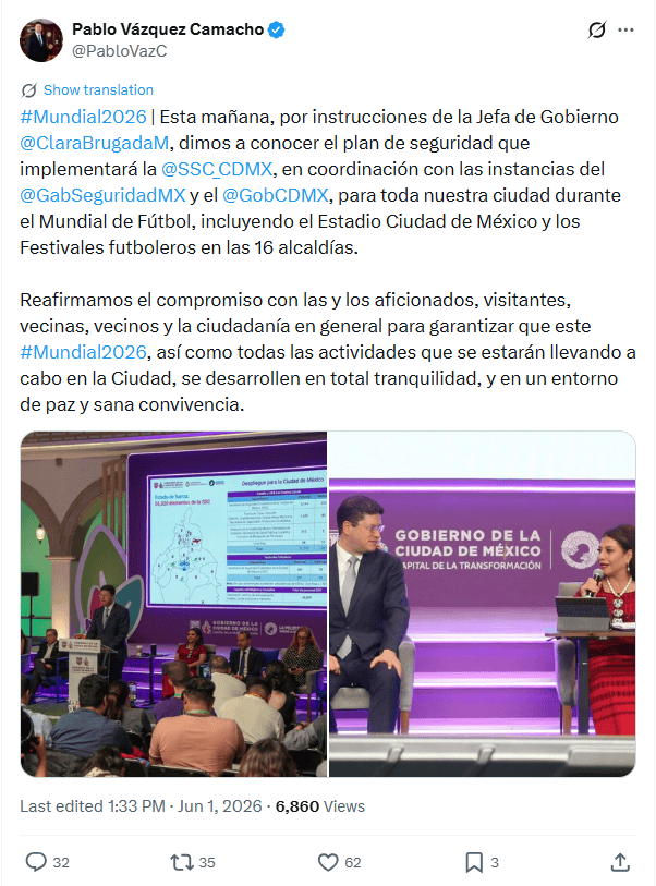 &nbsp;Secretario de Seguridad y Protección Ciudadana de la Ciudad de México. X / @PabloVazC