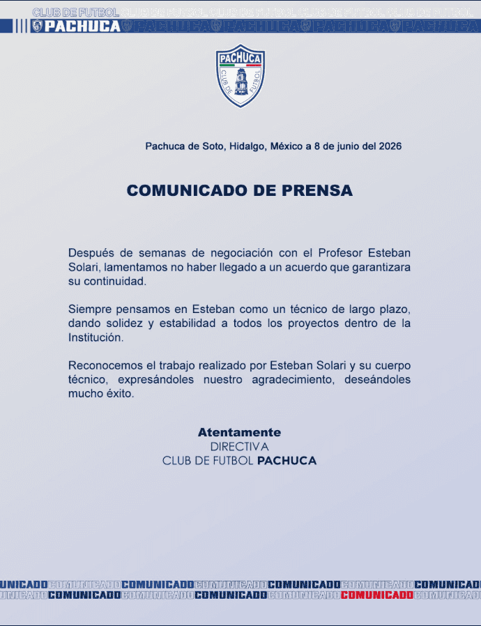 Comunicado de Pachuca. X / @Tuzos&nbsp;