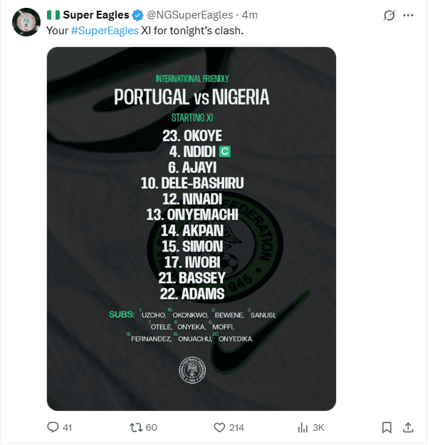 &nbsp;X / @NGSuperEagles
